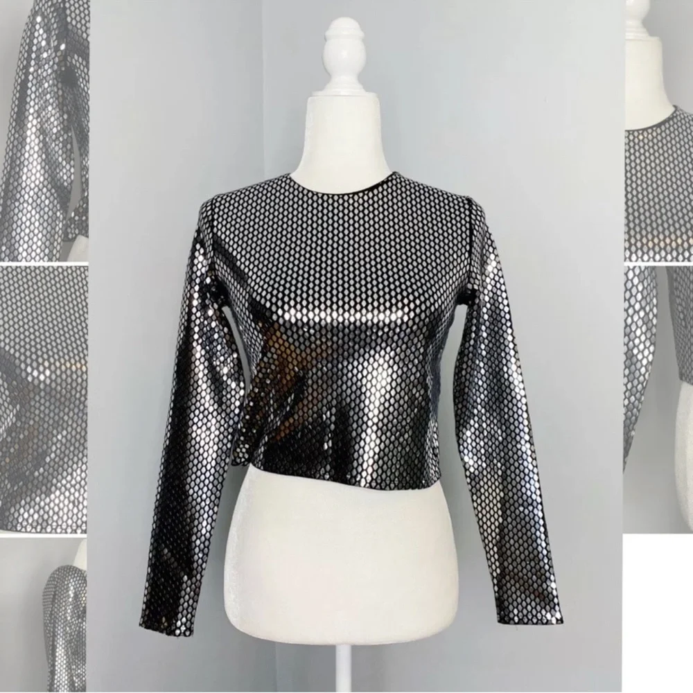 NWT Zara Woman Honeycomb Sweater Metallic Silver Shiny Black Top Size S Small - Picture 3 of 11